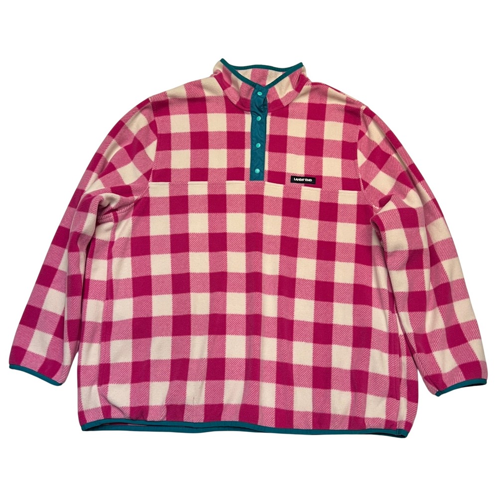 Lands' End Pink White Buffalo Check Coastal Preppy Fleece Pullover Size 2X - Picture 2 of 8